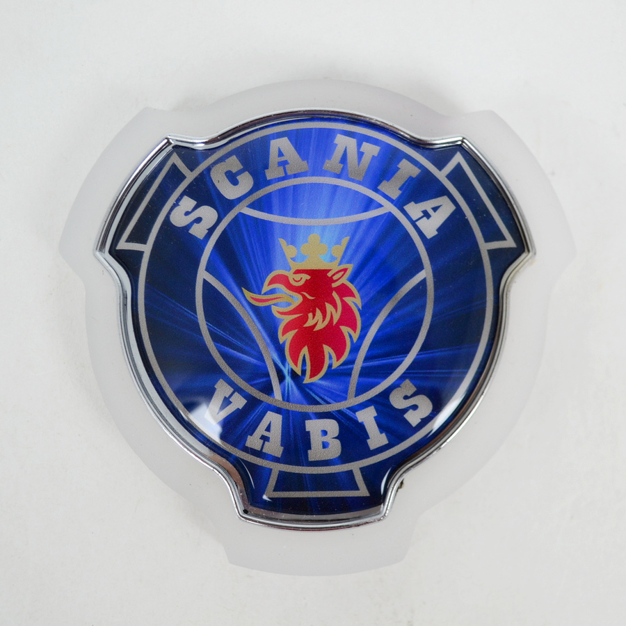 Spegelskylt LED, blå Scania Vabis, utvändig, för grill, 12/24V, gult neon