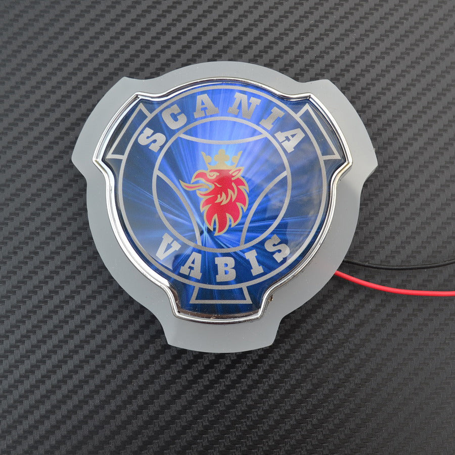 Spegelskylt LED, blå Scania Vabis, utvändig, för grill, 12/24V, gult neon